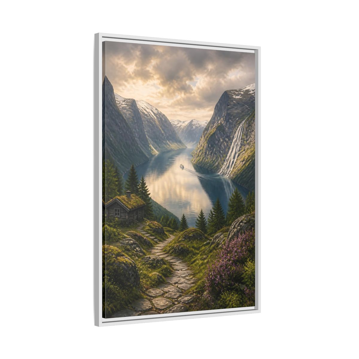 Side Mockup 9. Fjord Landscape Retreat shown as framed canvas print