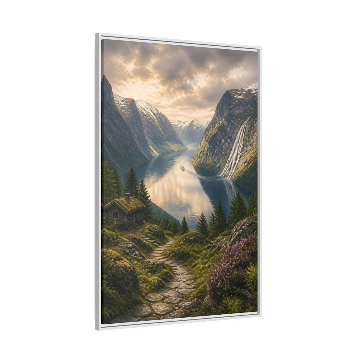 Side Mockup 7. Fjord Landscape Retreat shown as framed canvas print