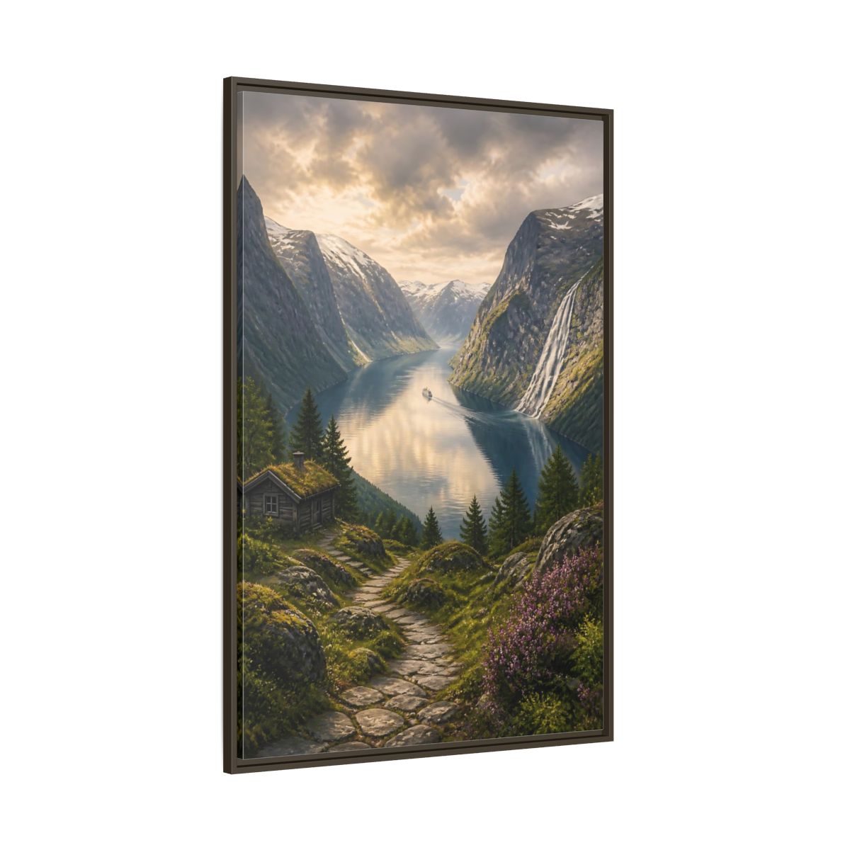 Side Mockup 8. Fjord Landscape Retreat shown as framed canvas print