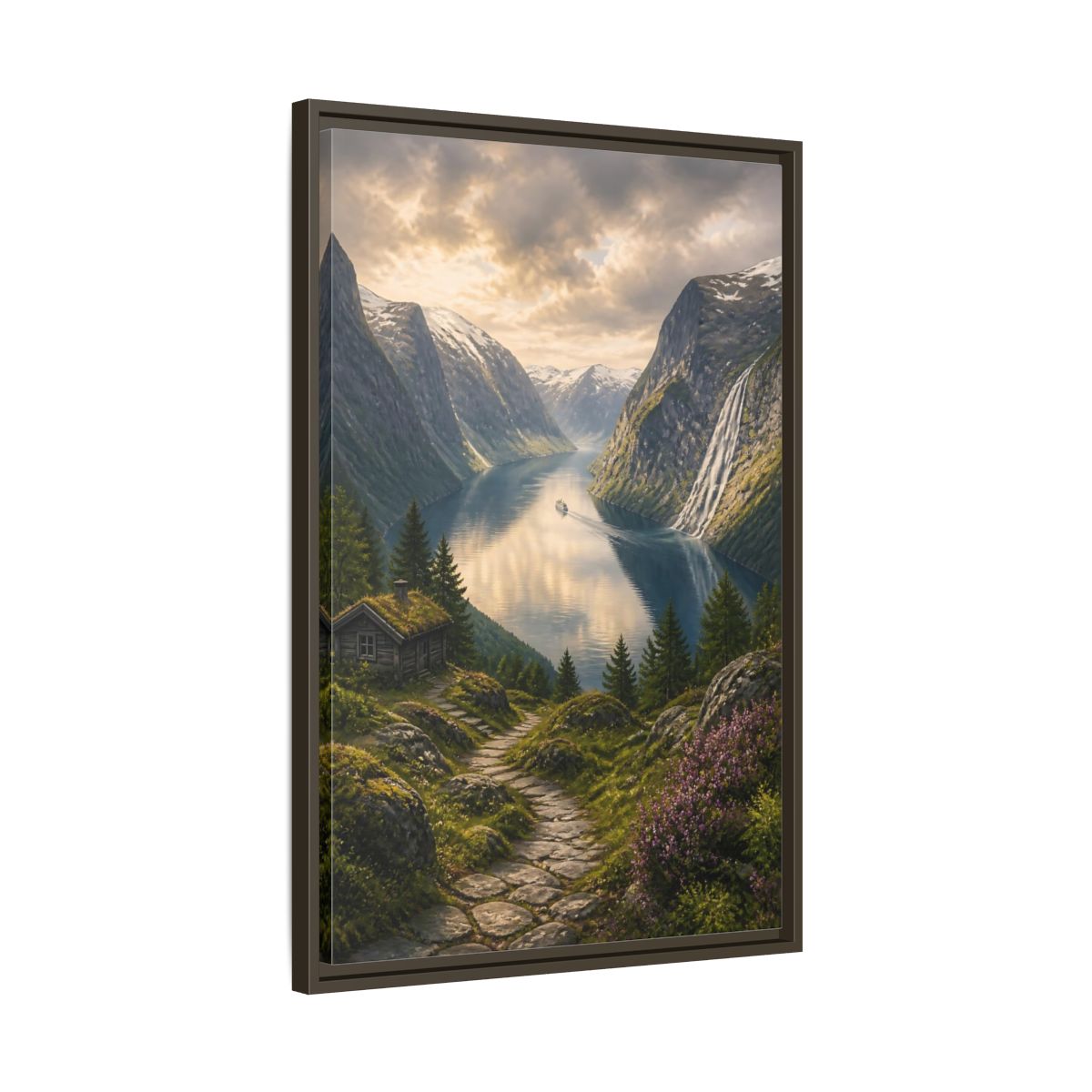 Side Mockup 11. Fjord Landscape Retreat shown as framed canvas print