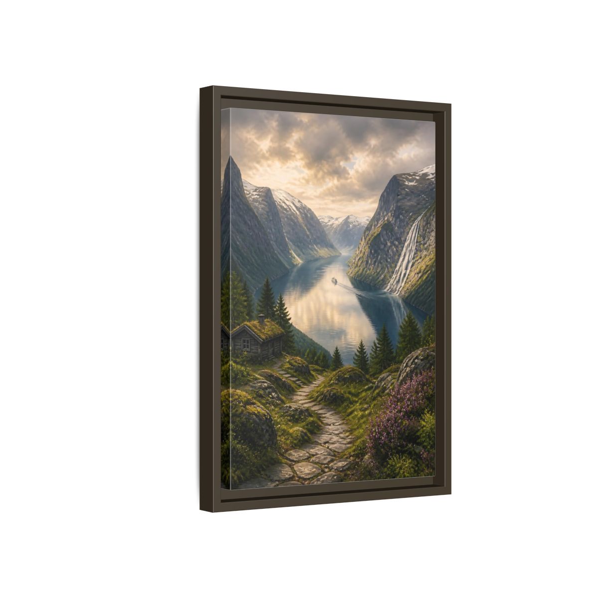 Side Mockup 5. Fjord Landscape Retreat shown as framed canvas print