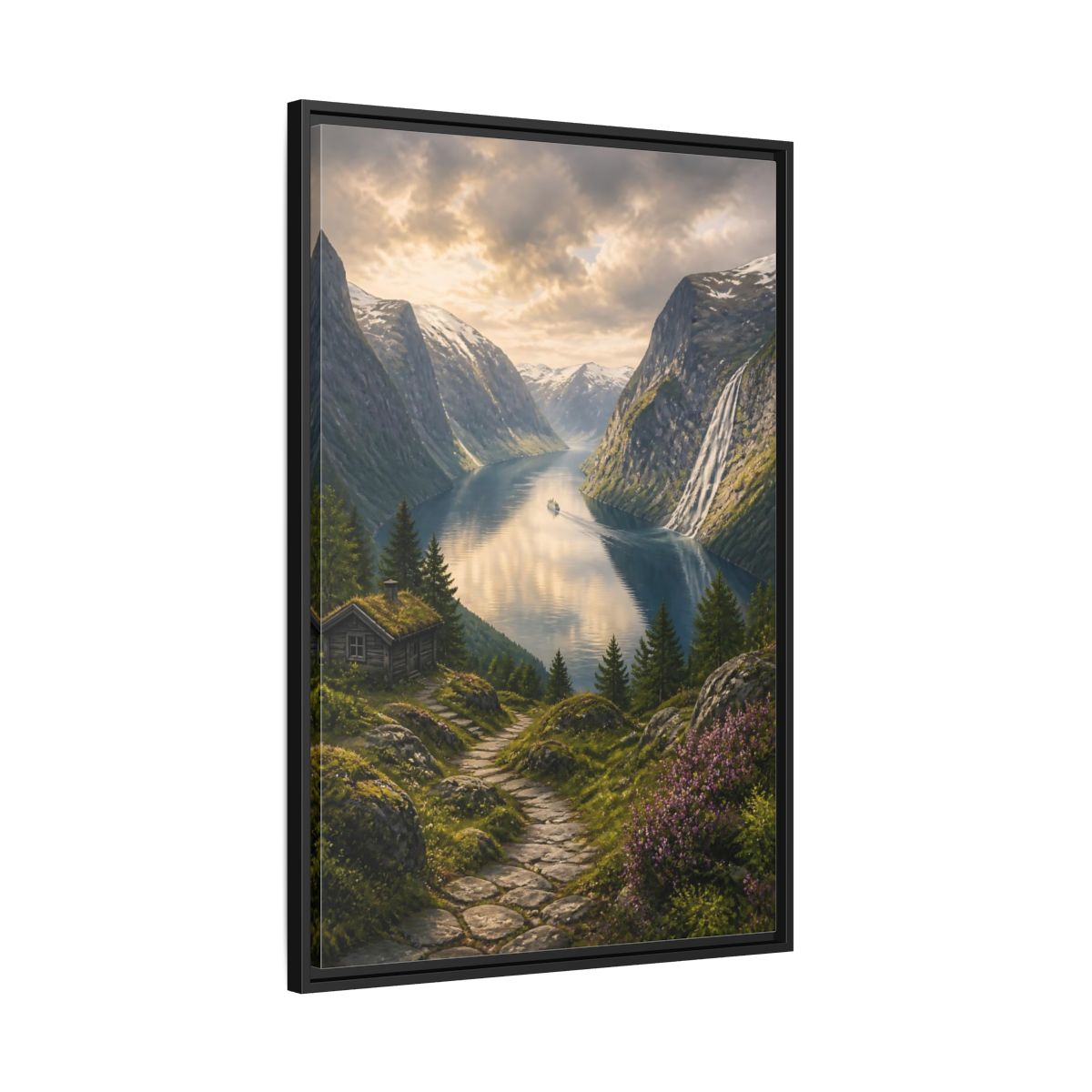 Side Mockup 13. Fjord Landscape Retreat shown as framed canvas print