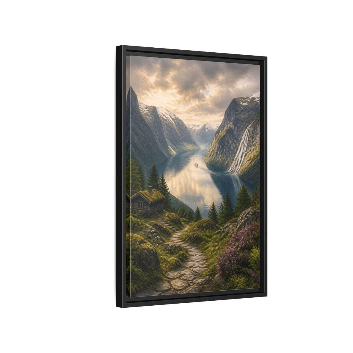 Side Mockup 3. Fjord Landscape Retreat shown as framed canvas print