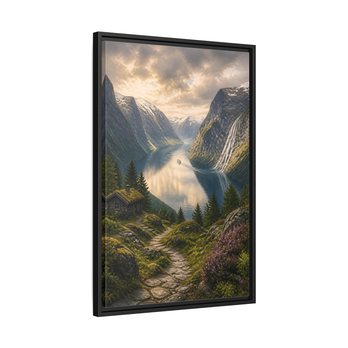 Side Mockup 14. Fjord Landscape Retreat shown as framed canvas print