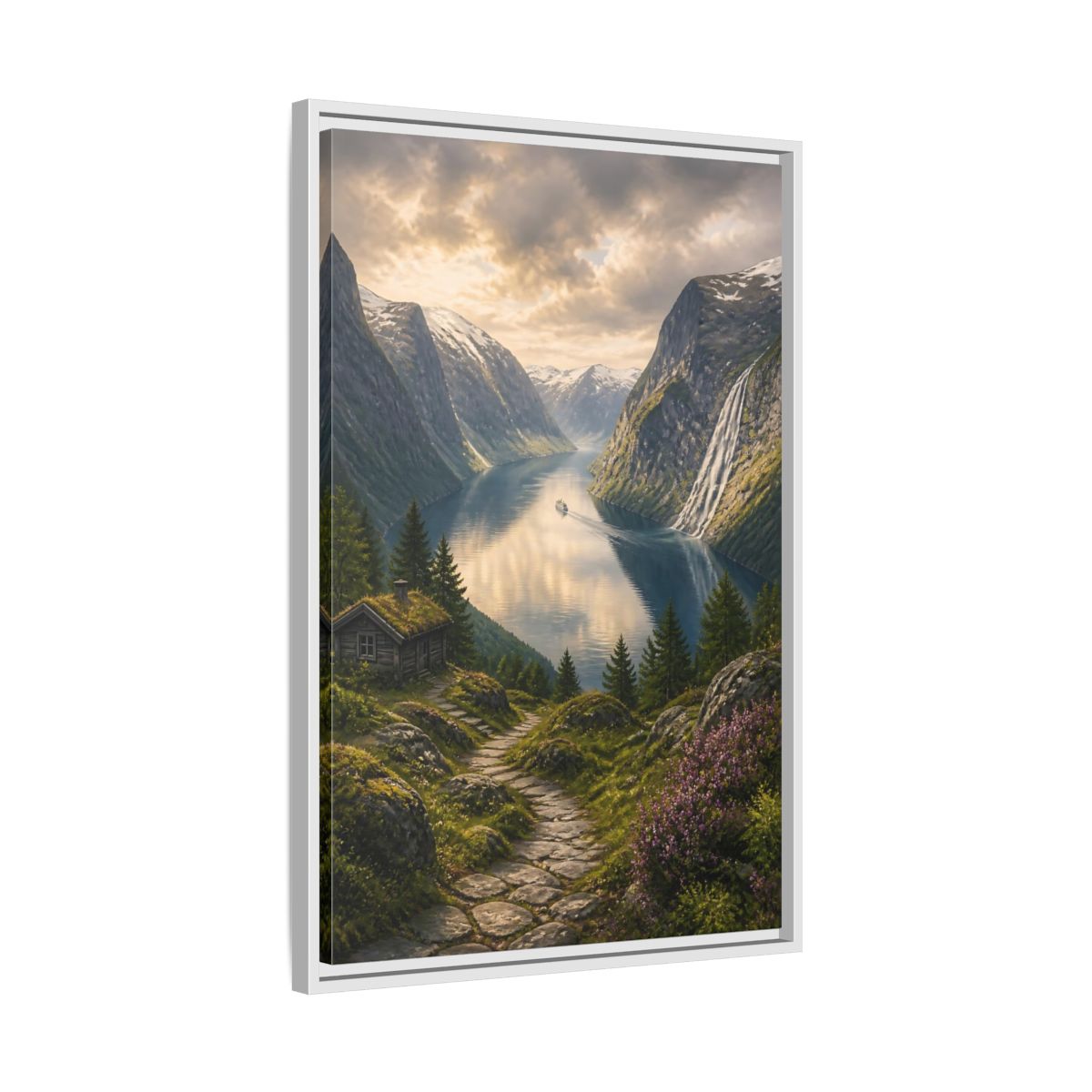 Side Mockup 10. Fjord Landscape Retreat shown as framed canvas print