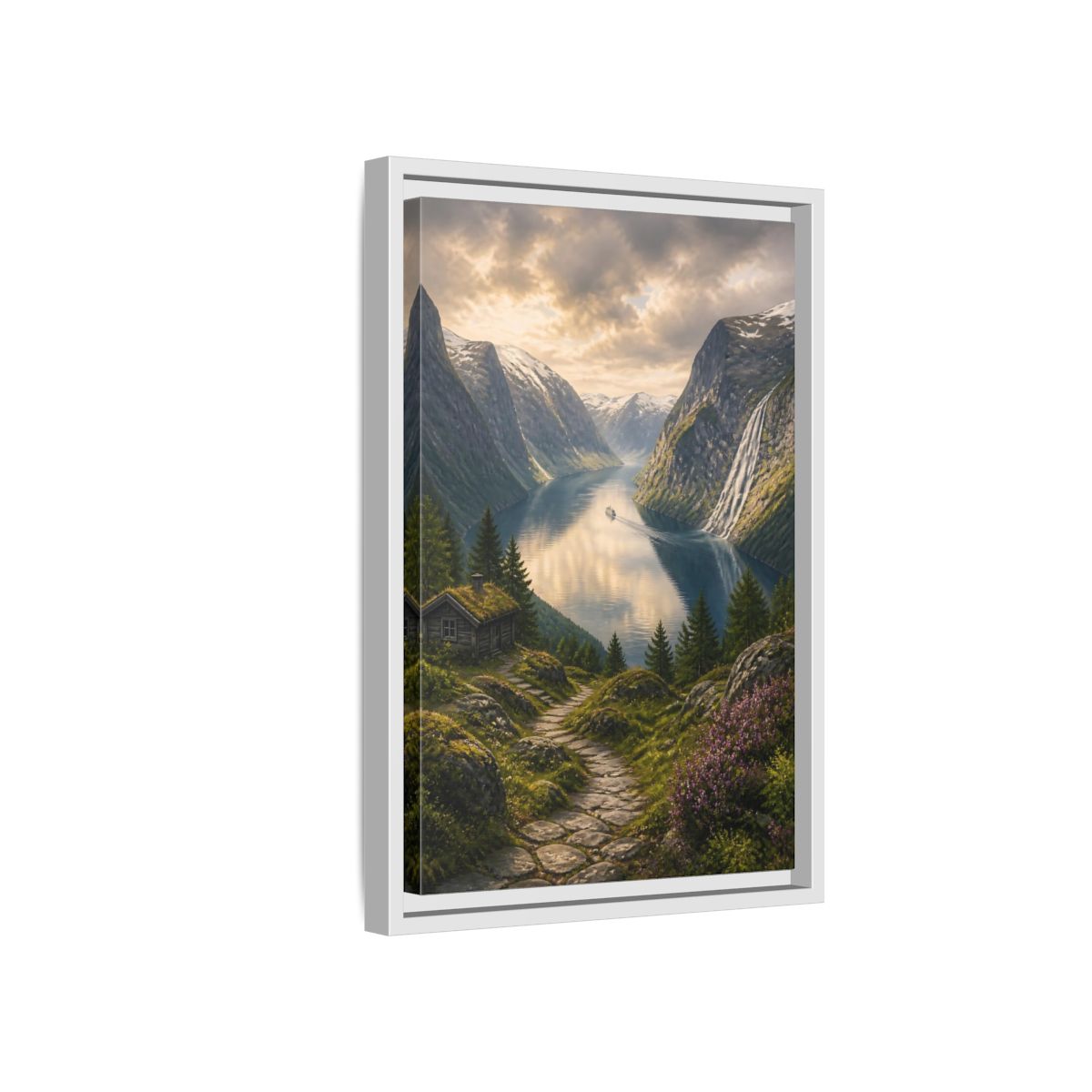 Side Mockup 4. Fjord Landscape Retreat shown as framed canvas print