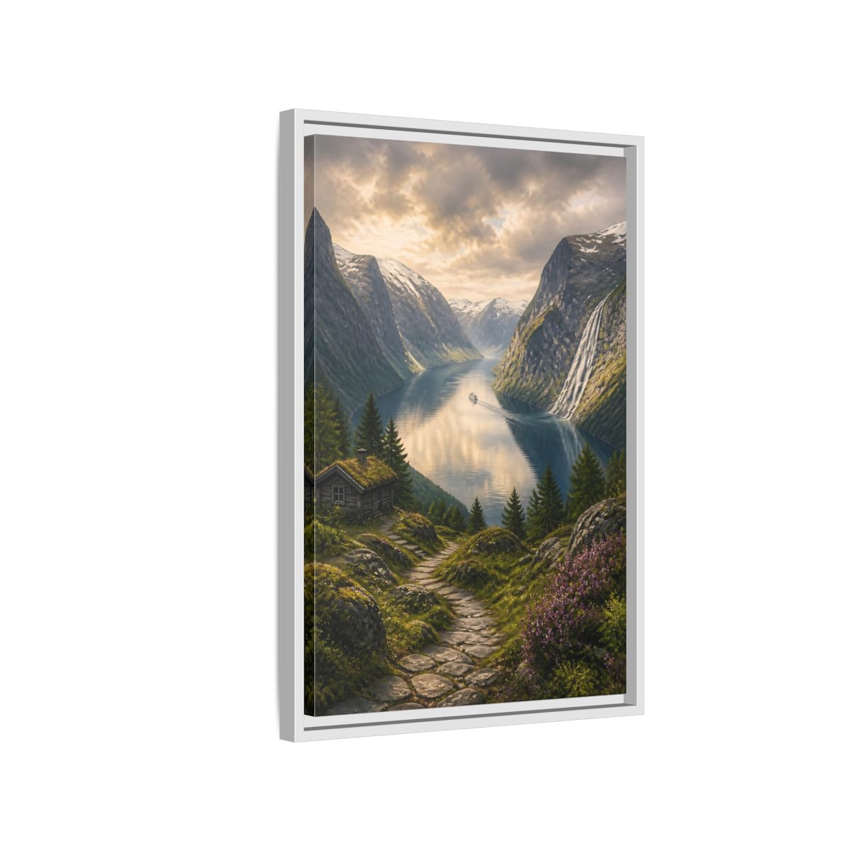 Side Mockup 1. Fjord Landscape Retreat shown as framed canvas print