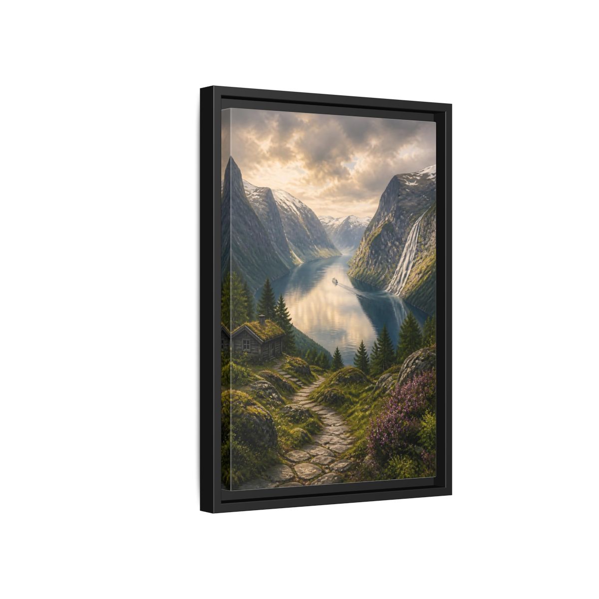 Side Mockup 6. Fjord Landscape Retreat shown as framed canvas print