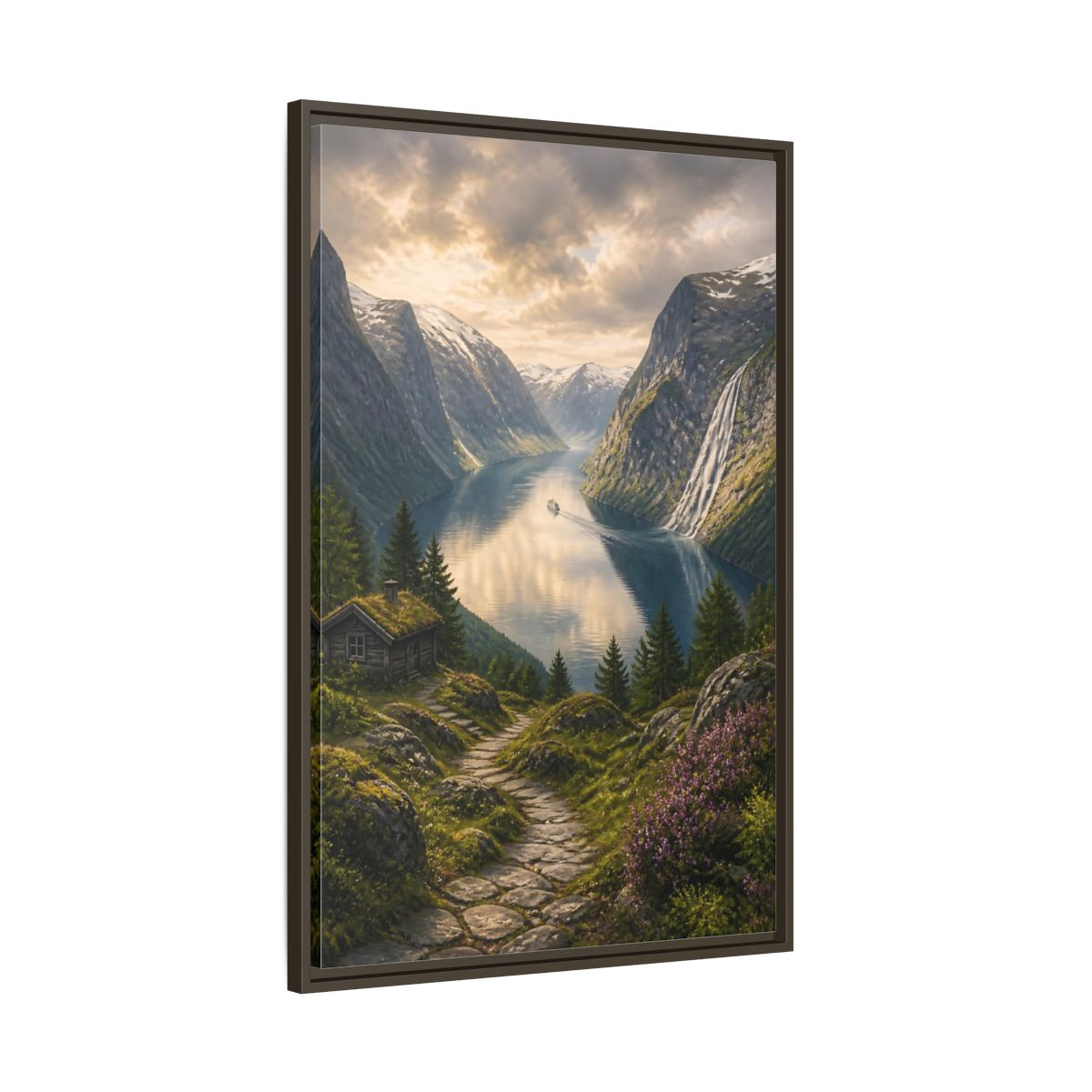 Main Mockup. Fjord Landscape Retreat shown as framed canvas print