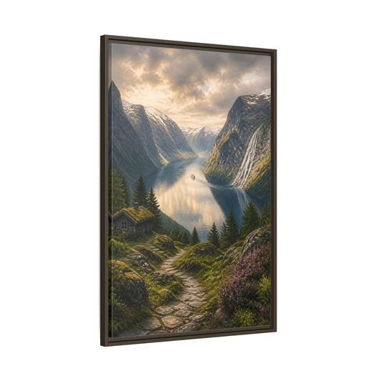 Main Mockup. Fjord Landscape Retreat shown as framed canvas print