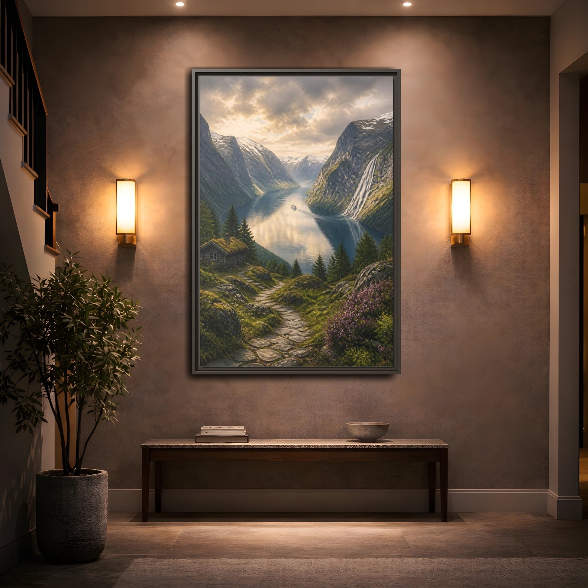 Mockup 2. Fjord Landscape Retreat shown as framed canvas print