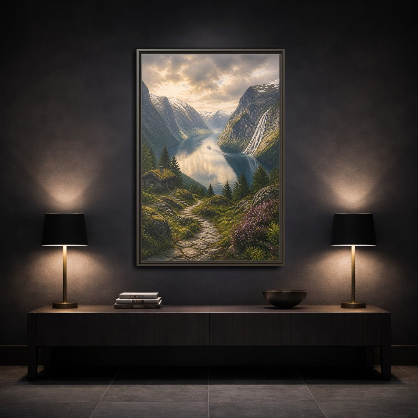 Mockup 3. Fjord Landscape Retreat shown as framed canvas print