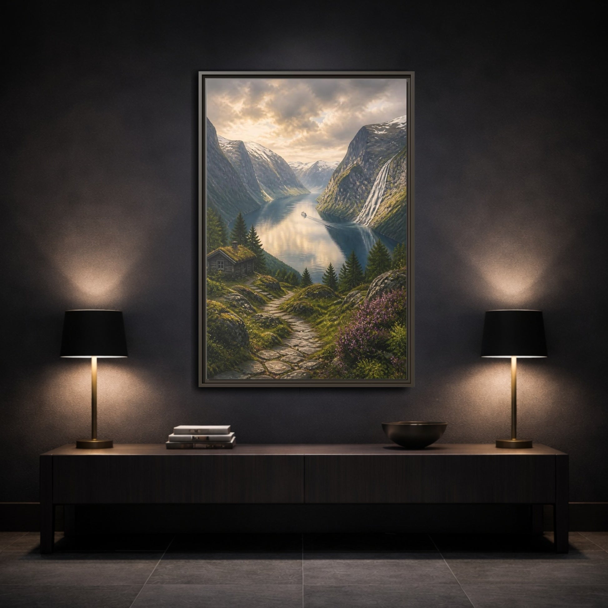 Mockup 3. Fjord Landscape Retreat shown as framed canvas print