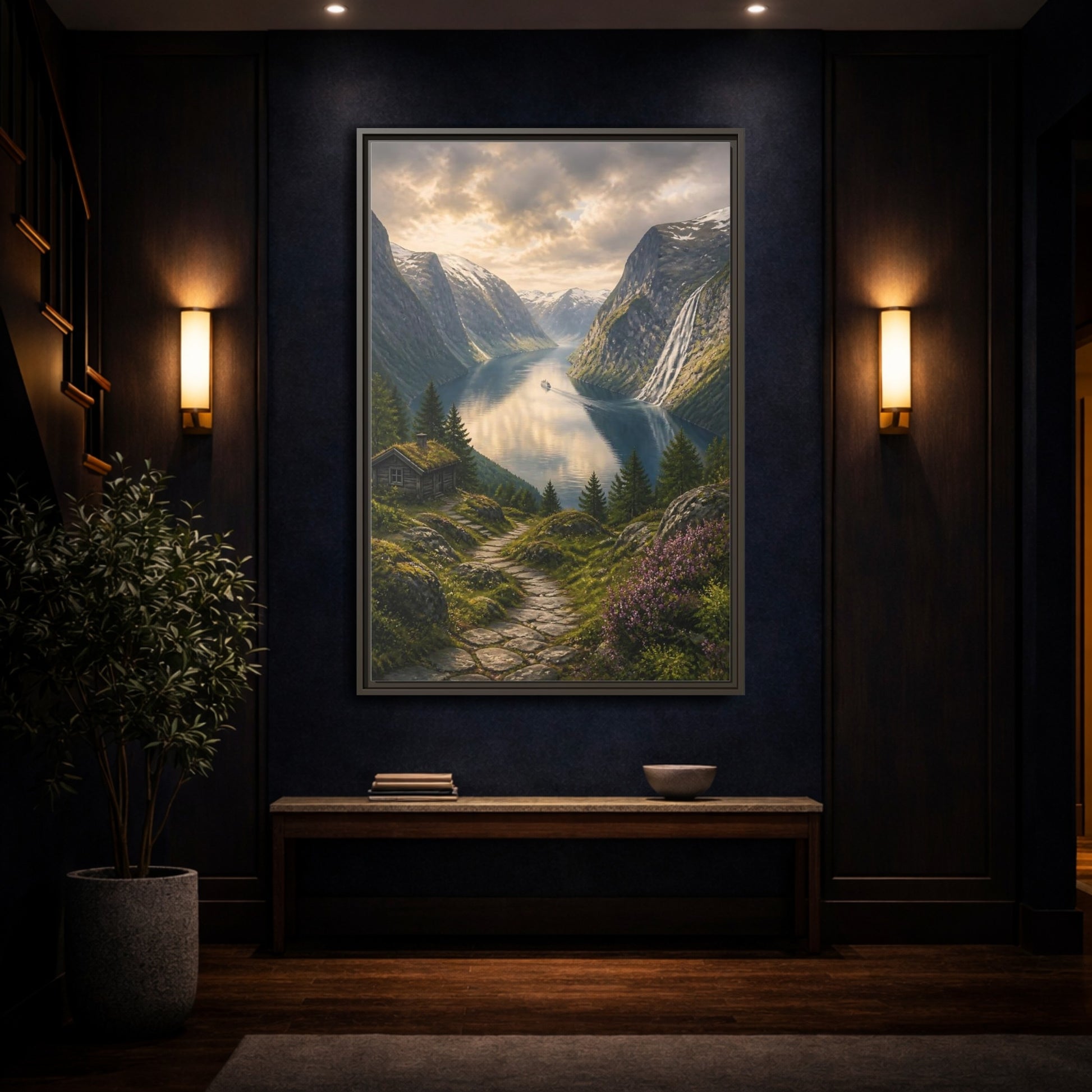 Mockup 4. Fjord Landscape Retreat shown as framed canvas print