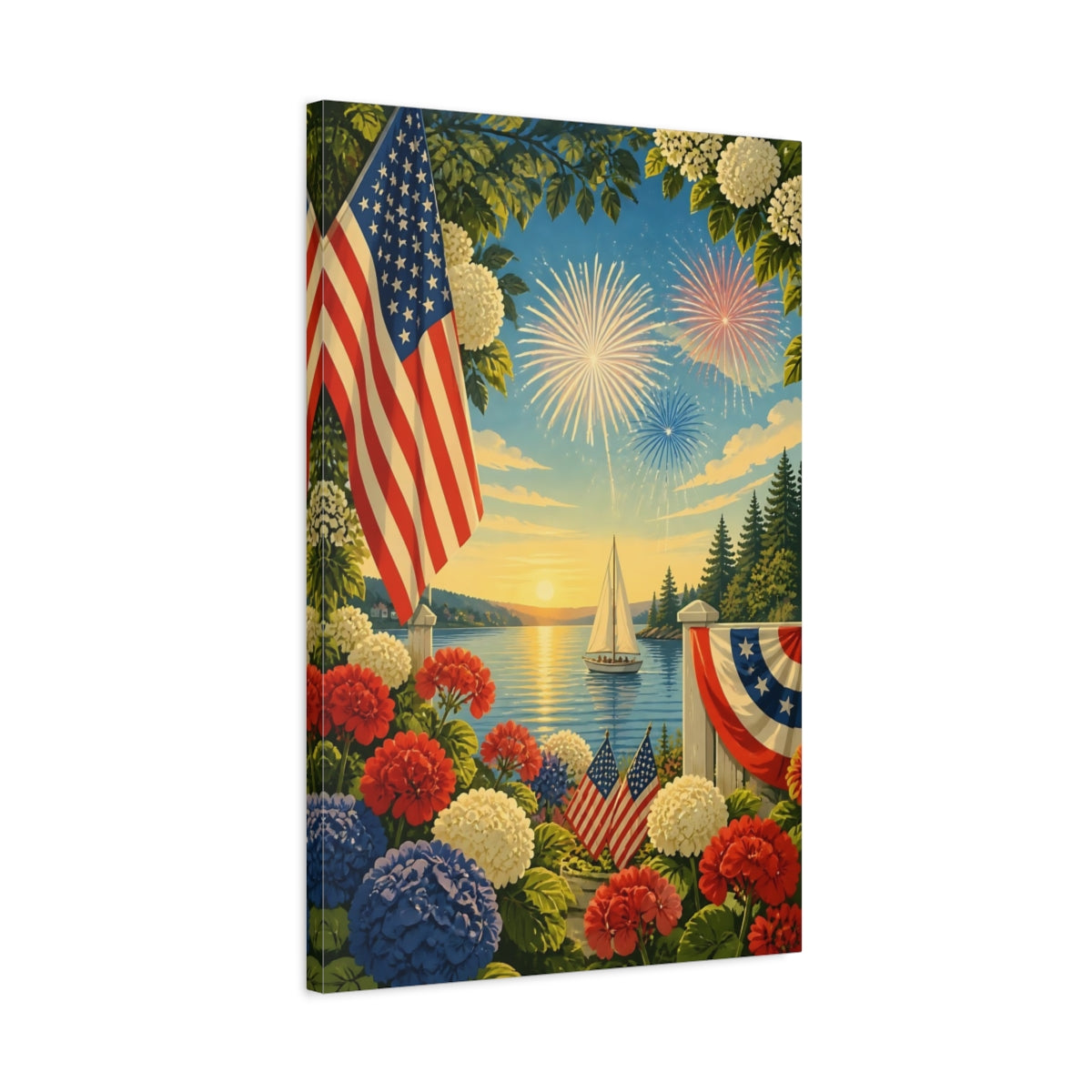 Side Mockup 2. Flag Over Summer Harbor shown as canvas print