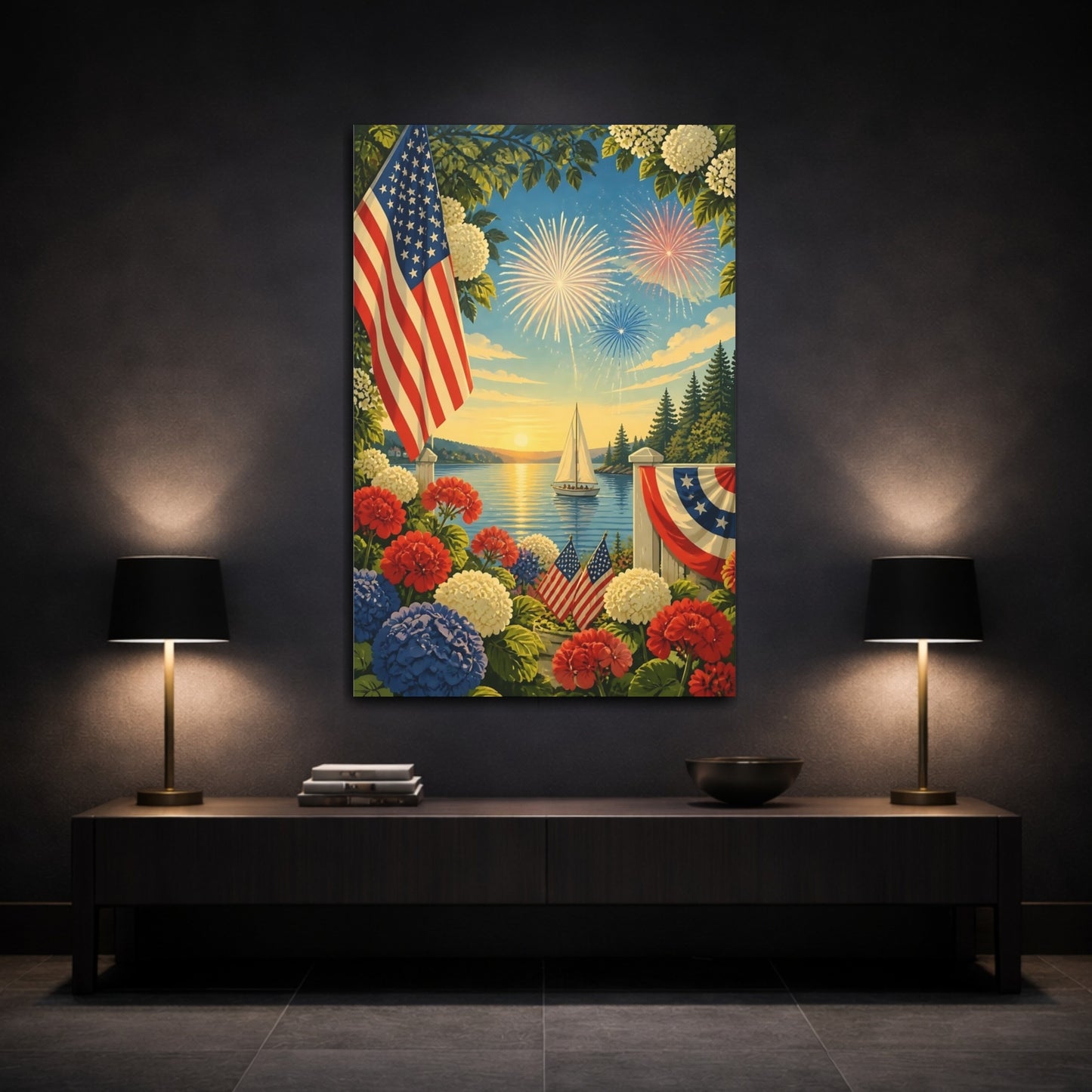 Mockup 3. Flag Over Summer Harbor shown as canvas print