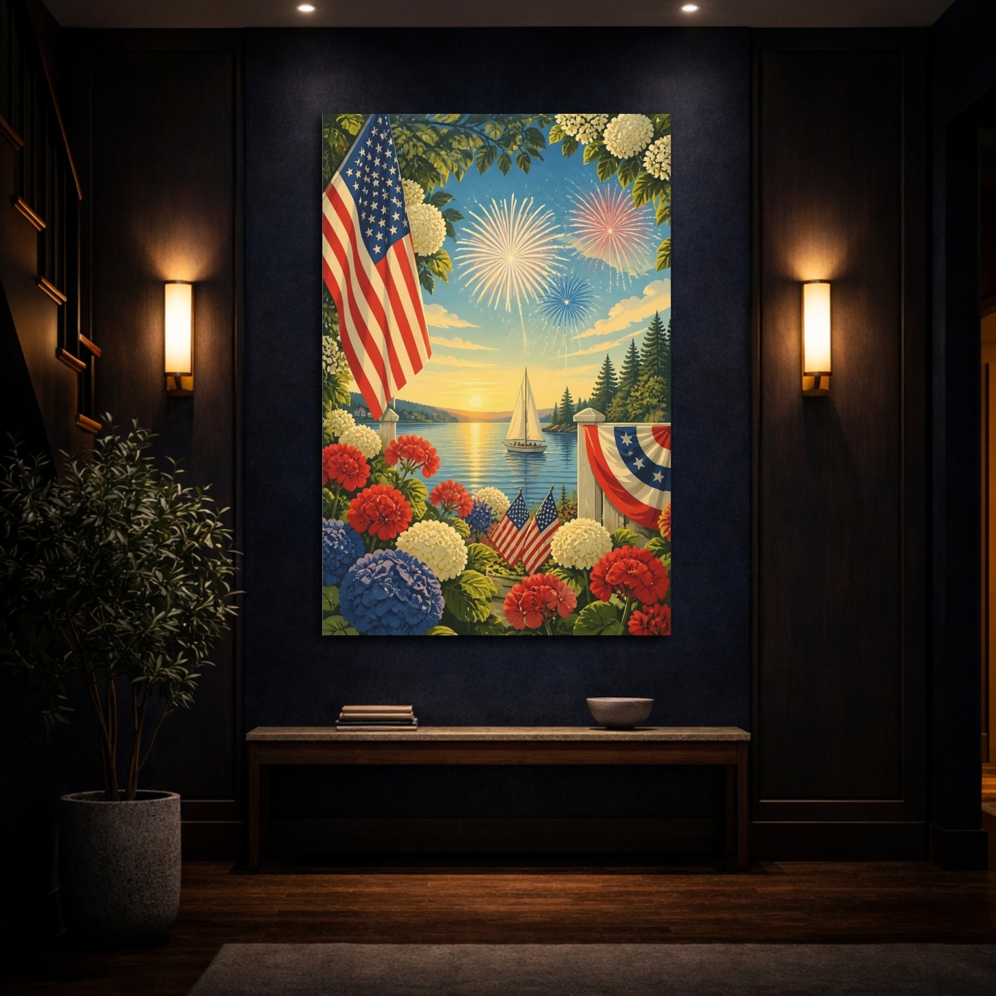 Mockup 4. Flag Over Summer Harbor shown as canvas print