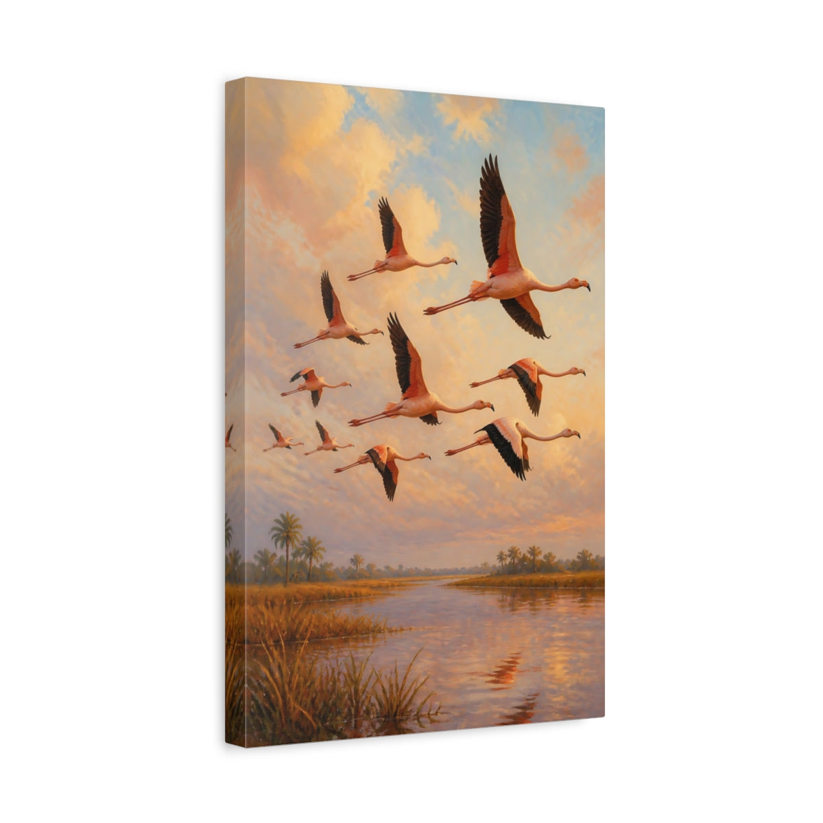 Side Mockup 4. Flamingo Animals At Sunset shown as canvas print