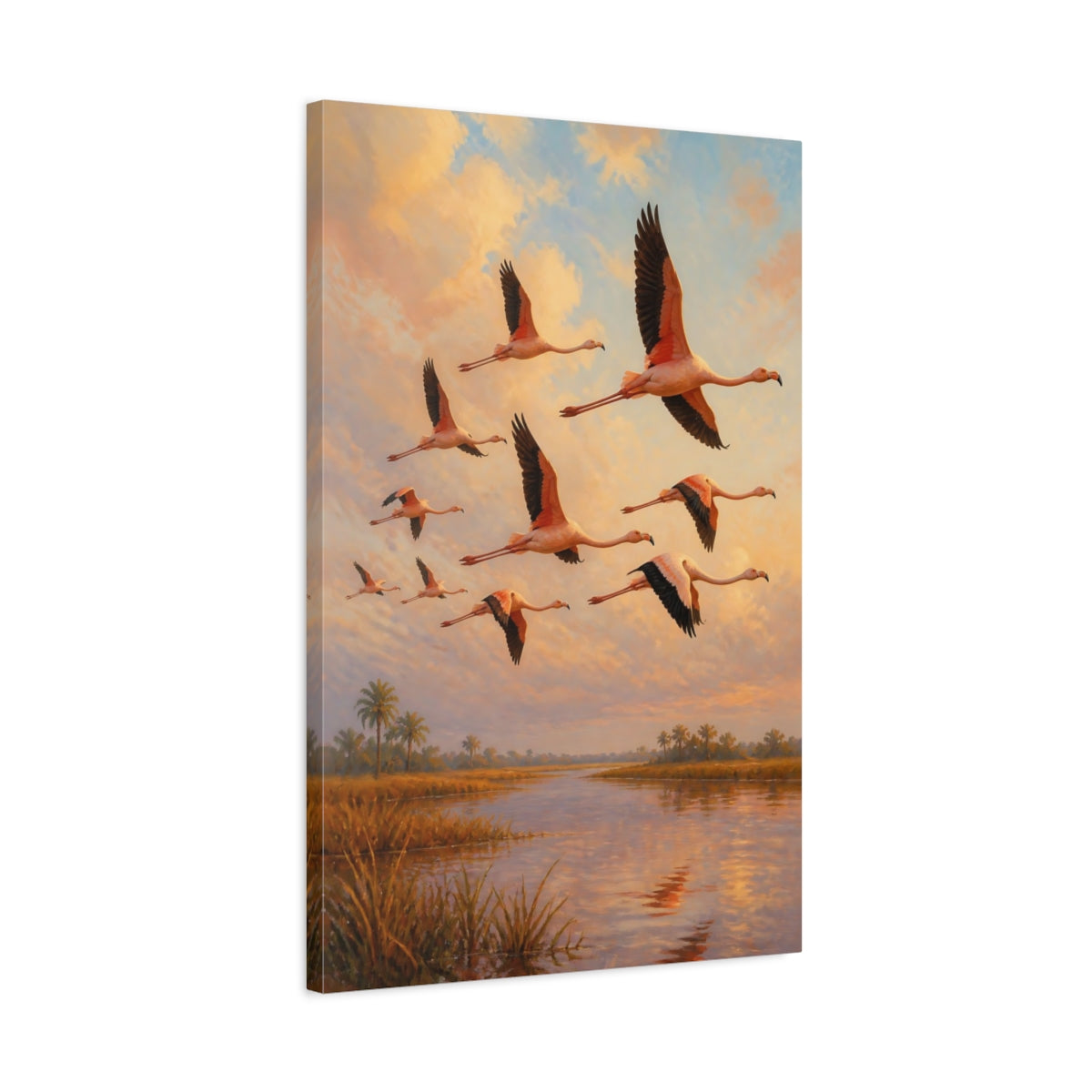 Side Mockup 2. Flamingo Animals At Sunset shown as canvas print