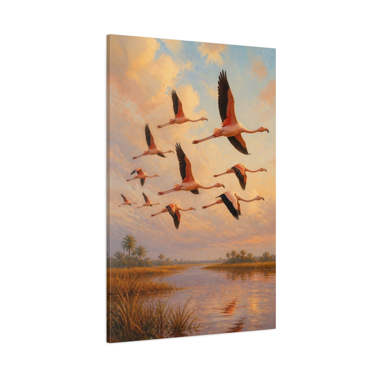 Side Mockup 1. Flamingo Animals At Sunset shown as canvas print
