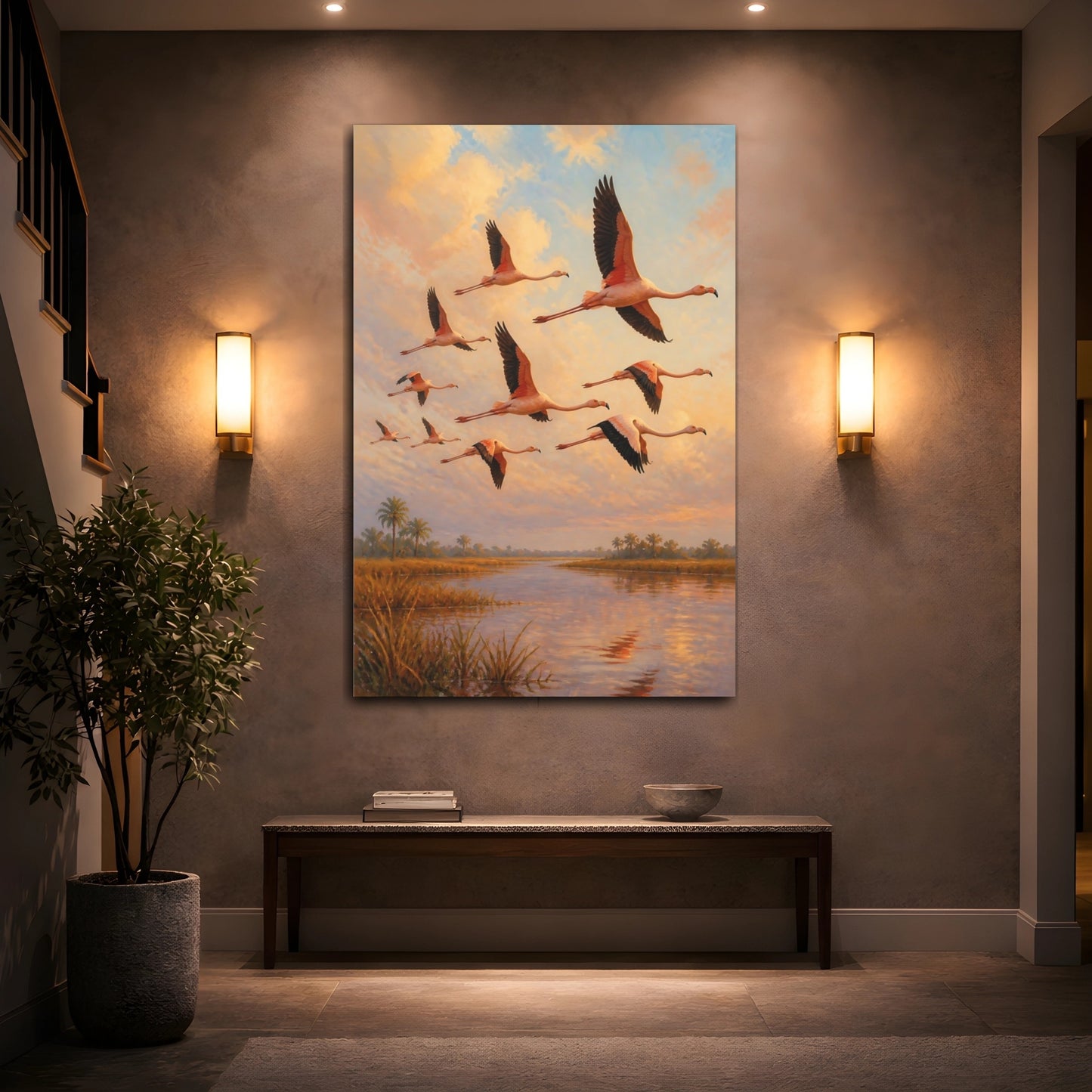 Mockup 2. Flamingo Animals At Sunset shown as canvas print