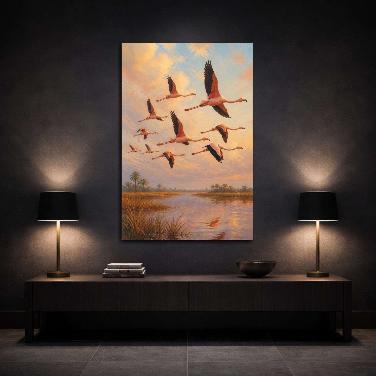 Mockup 3. Flamingo Animals At Sunset shown as canvas print