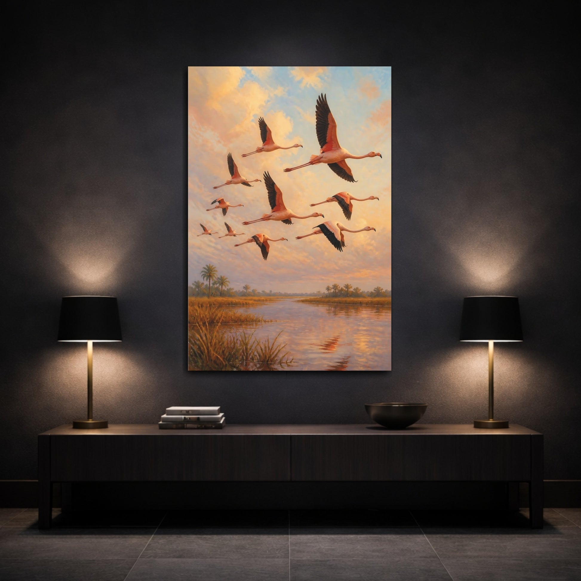 Mockup 3. Flamingo Animals At Sunset shown as canvas print