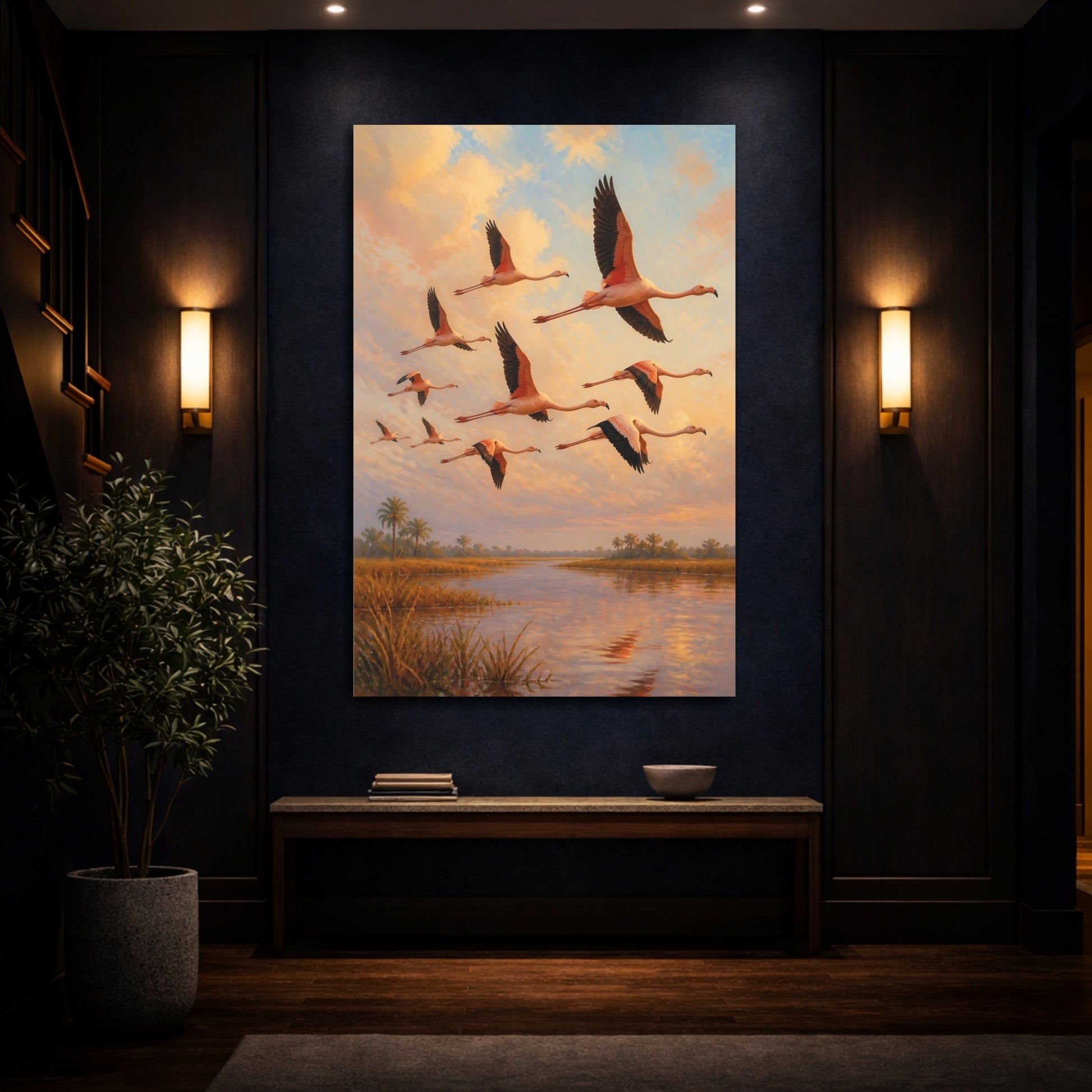 Mockup 4. Flamingo Animals At Sunset shown as canvas print