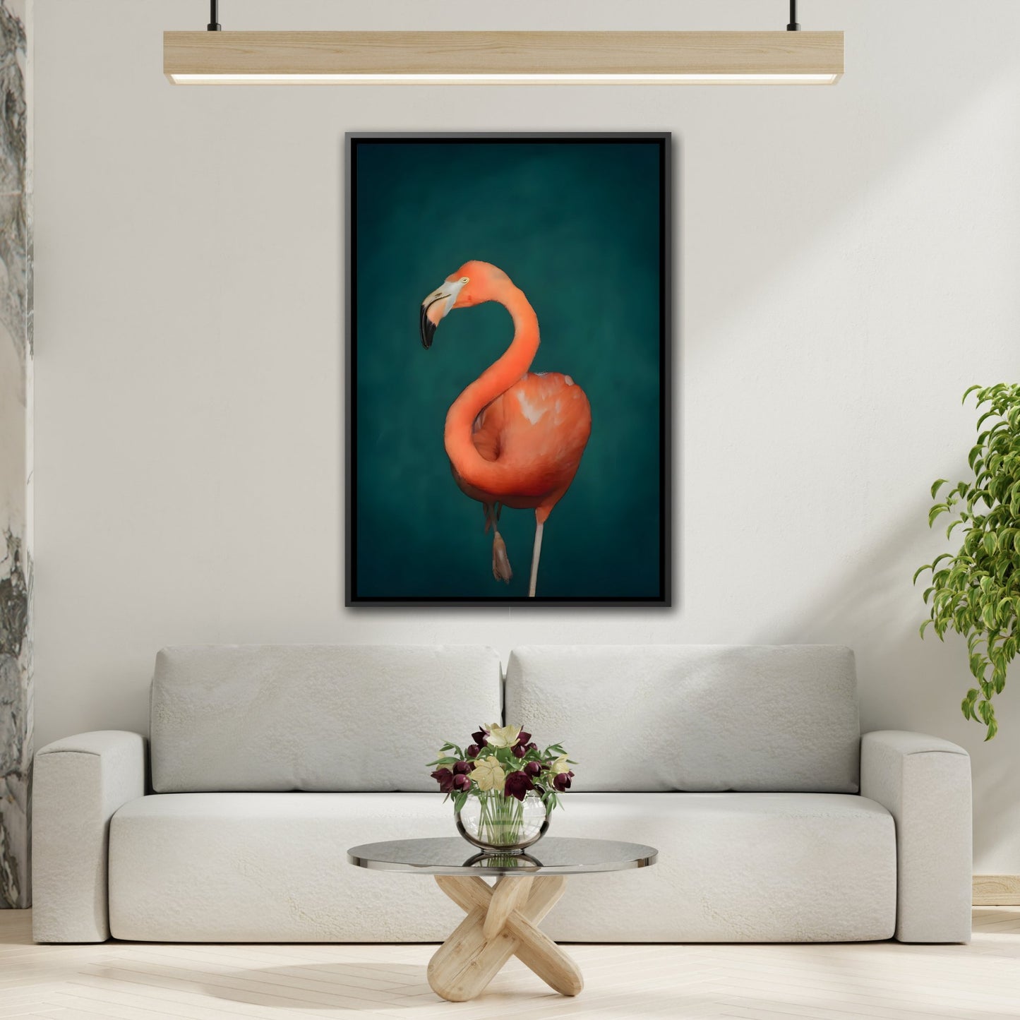 Flamingo Canvas Wall Art Print - Pink and Green Living Room Decor in Exclusive Frame