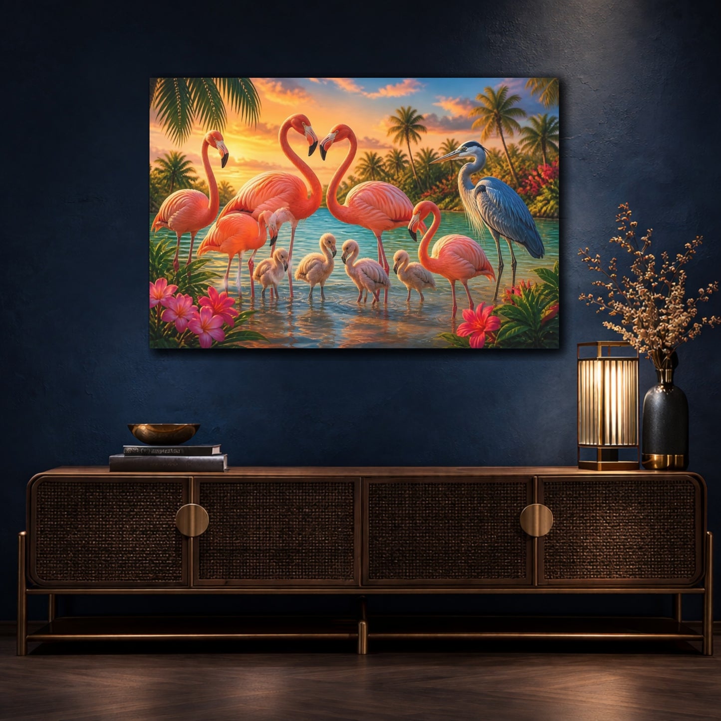 Mockup 4. Flamingo Family Animals shown as canvas print