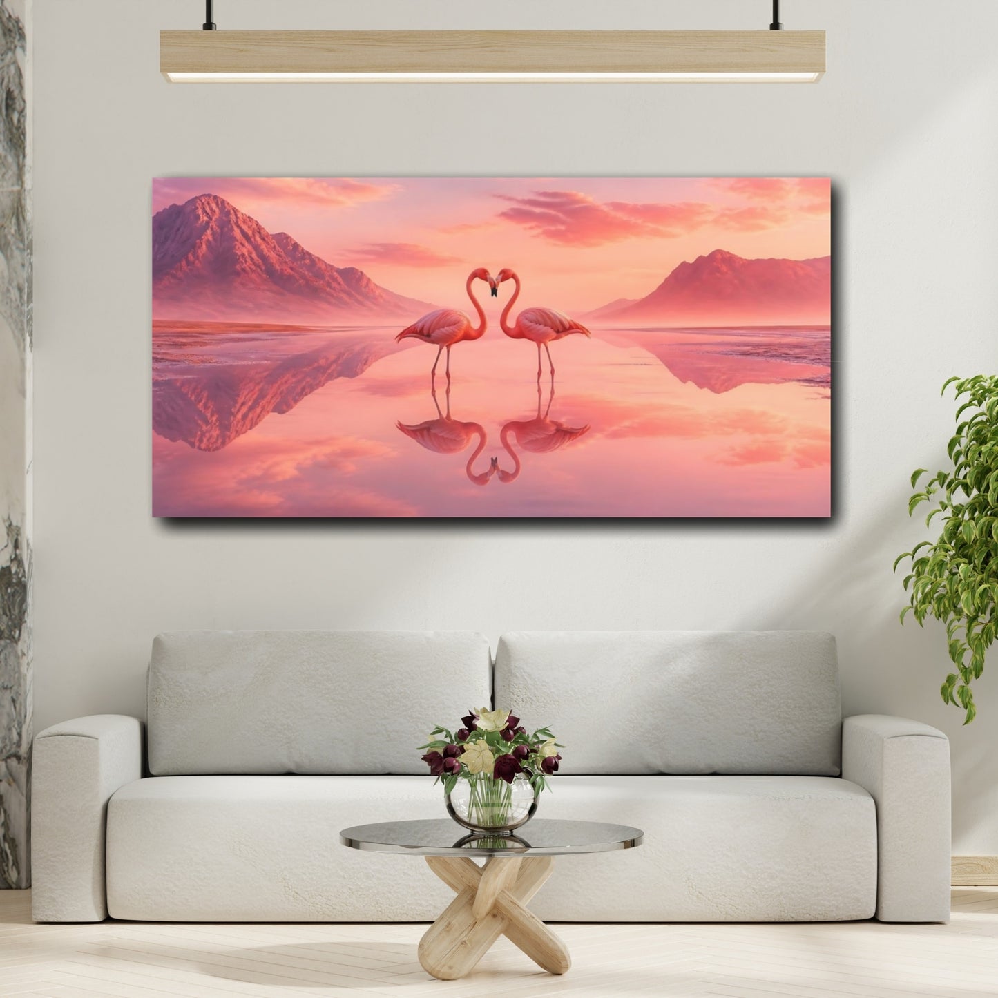 Mockup 2. Flamingo Heart Sunset shown as canvas print