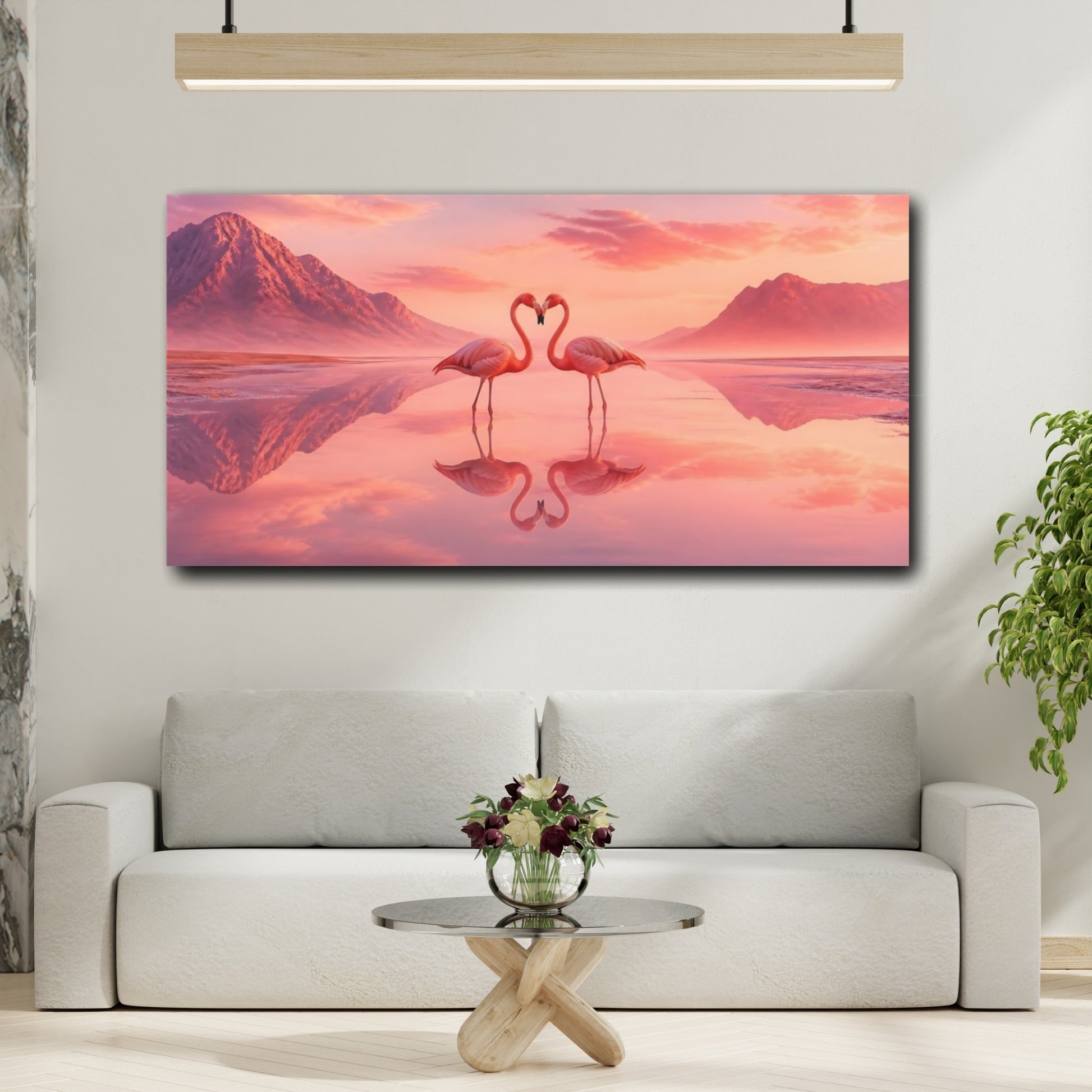 Mockup 2. Flamingo Heart Sunset shown as canvas print