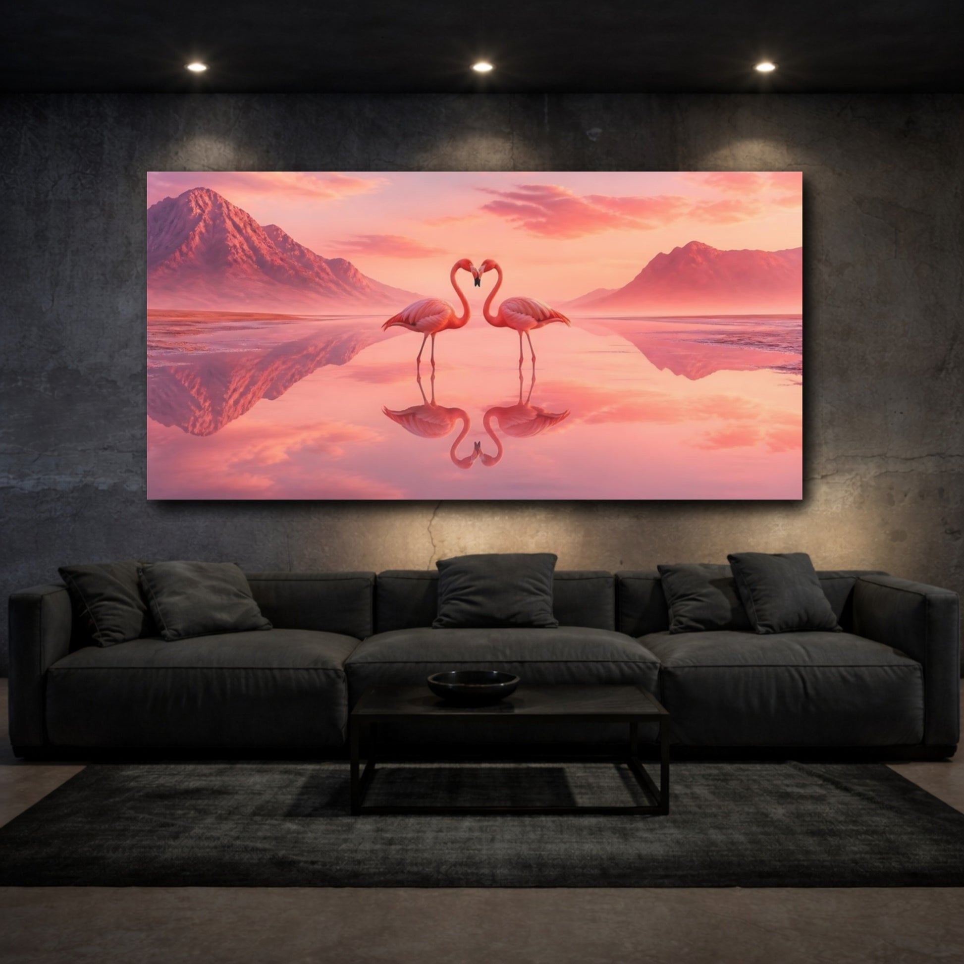 Mockup 3. Flamingo Heart Sunset shown as canvas print