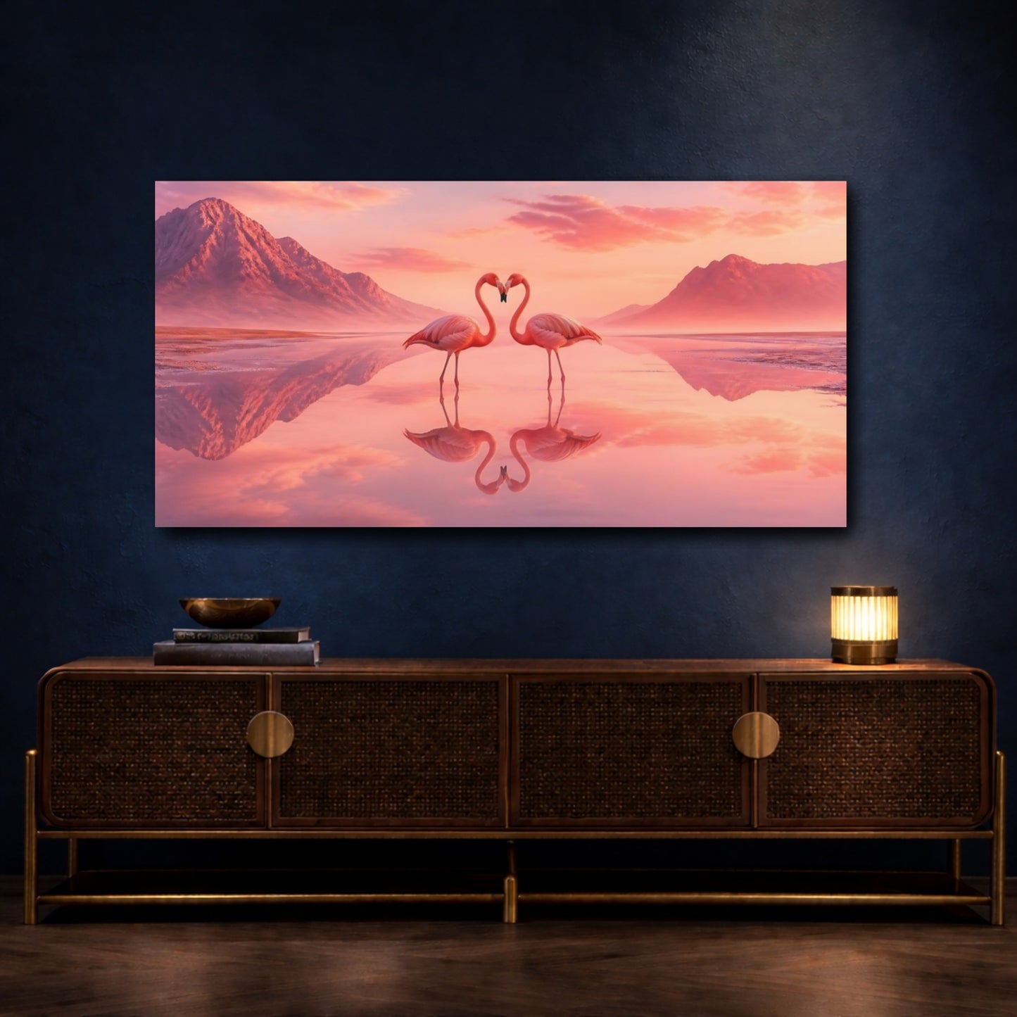 Mockup 4. Flamingo Heart Sunset shown as canvas print