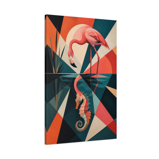 Main Mockup. Flamingo Reflection Seahorse shown as canvas print