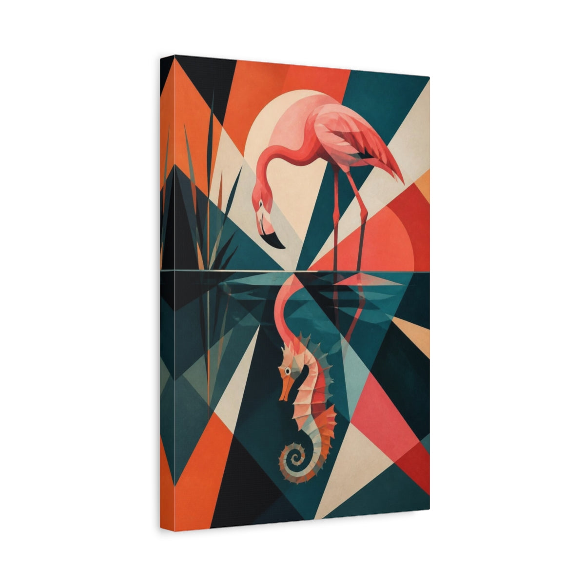Side Mockup 4. Flamingo Reflection Seahorse shown as canvas print
