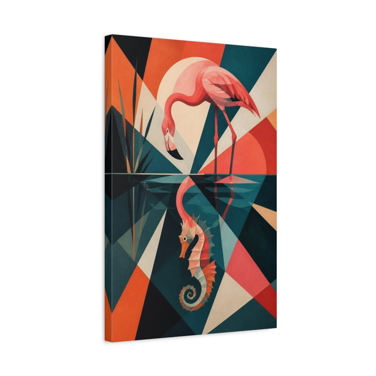 Side Mockup 3. Flamingo Reflection Seahorse shown as canvas print