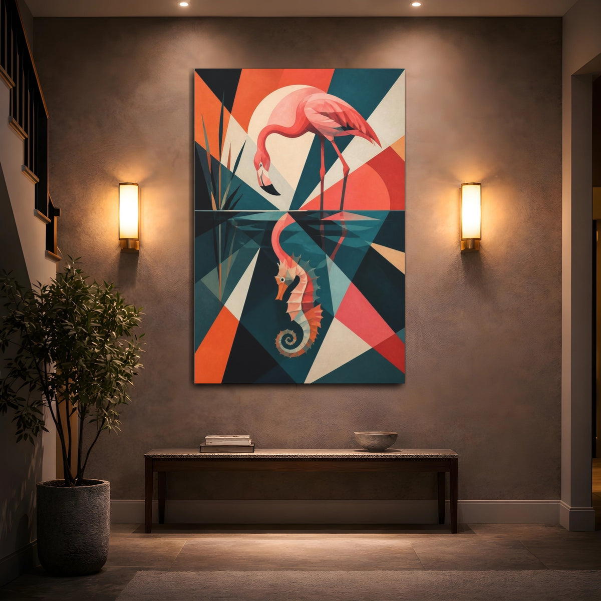 Mockup 2. Flamingo Reflection Seahorse shown as canvas print