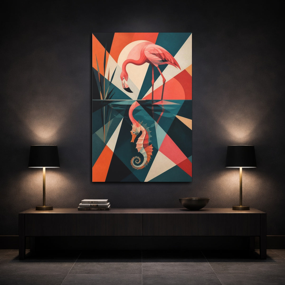 Mockup 3. Flamingo Reflection Seahorse shown as canvas print
