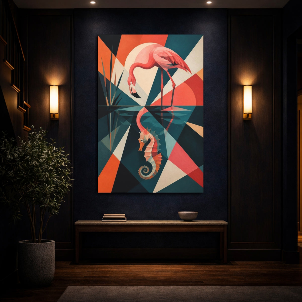 Mockup 4. Flamingo Reflection Seahorse shown as canvas print