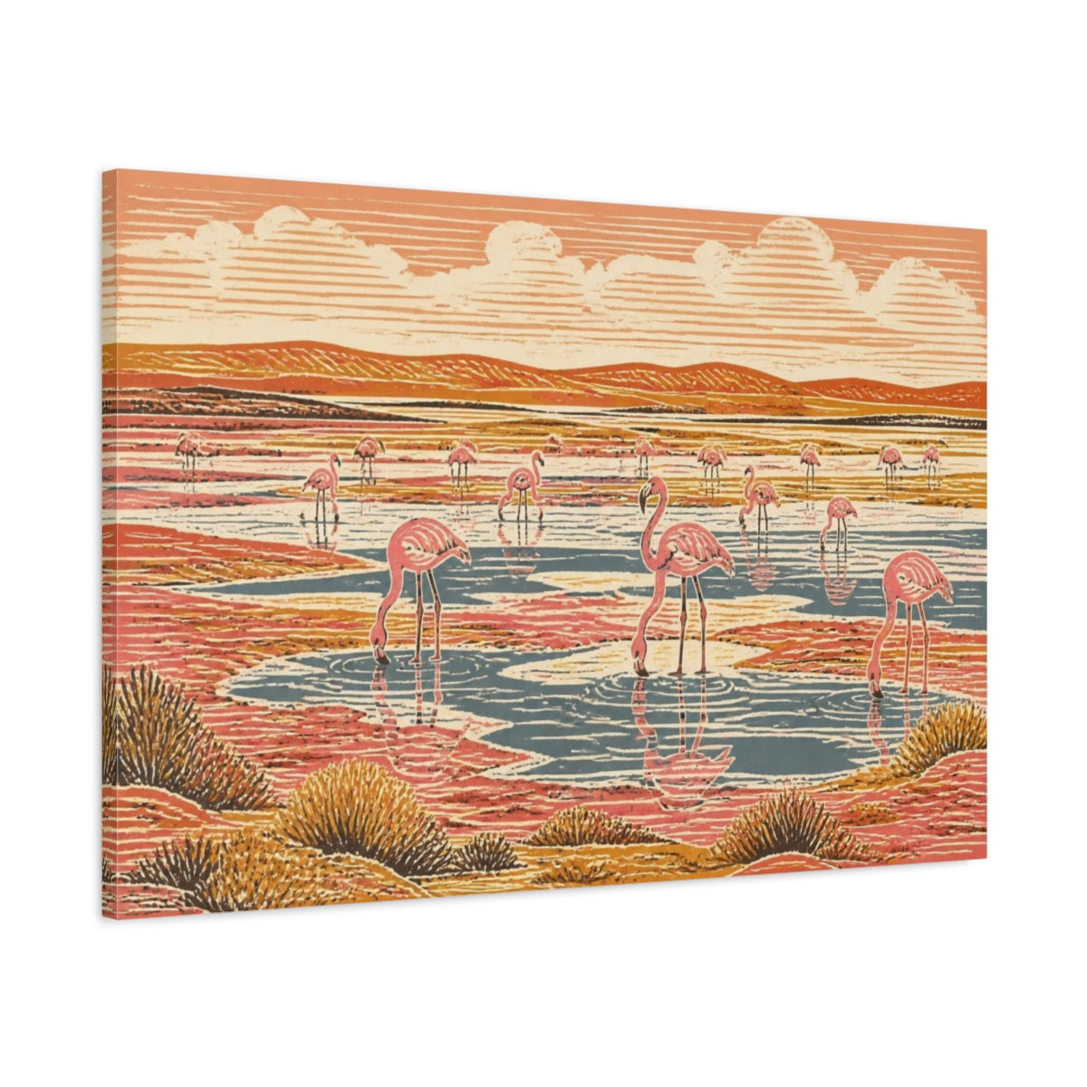 Main Mockup. Flamingo Salt Pan Landscape shown as canvas print
