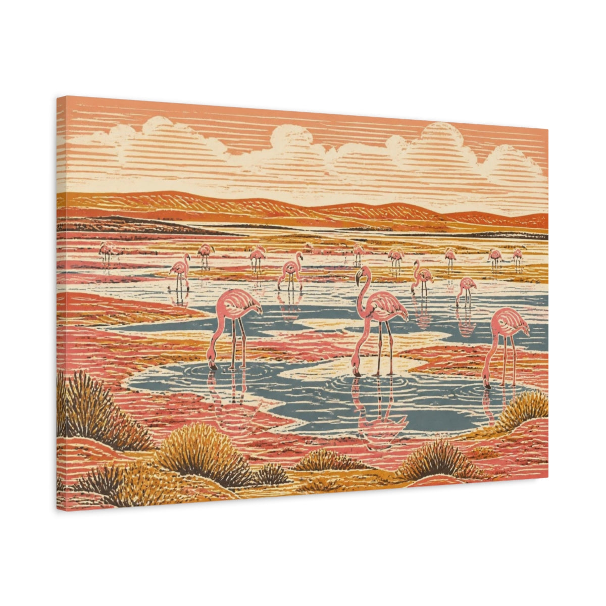 Side Mockup 2. Flamingo Salt Pan Landscape shown as canvas print