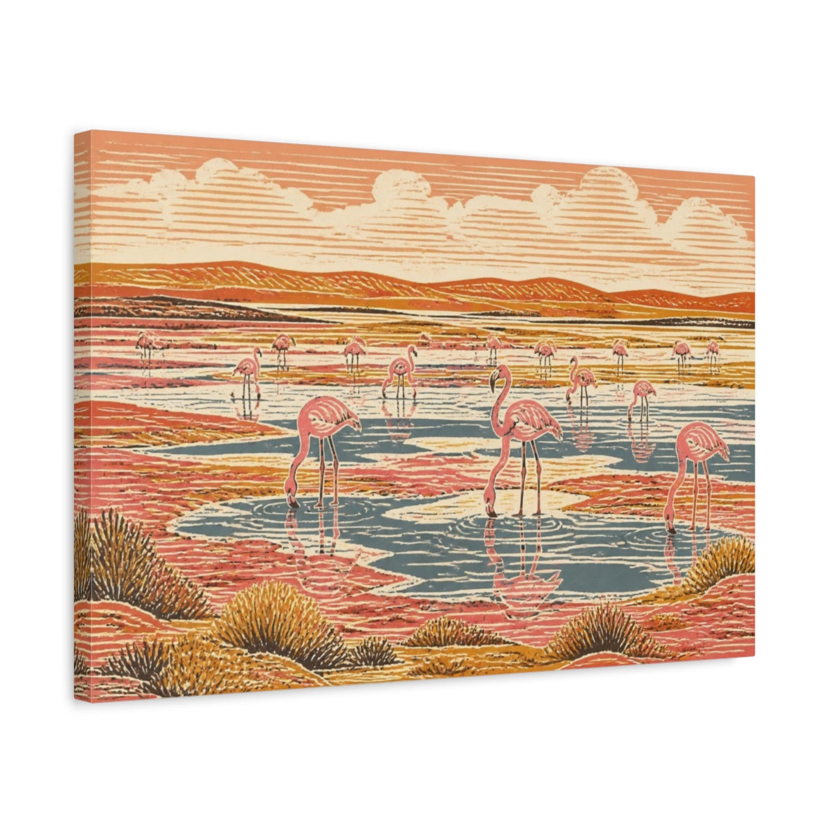 Side Mockup 3. Flamingo Salt Pan Landscape shown as canvas print