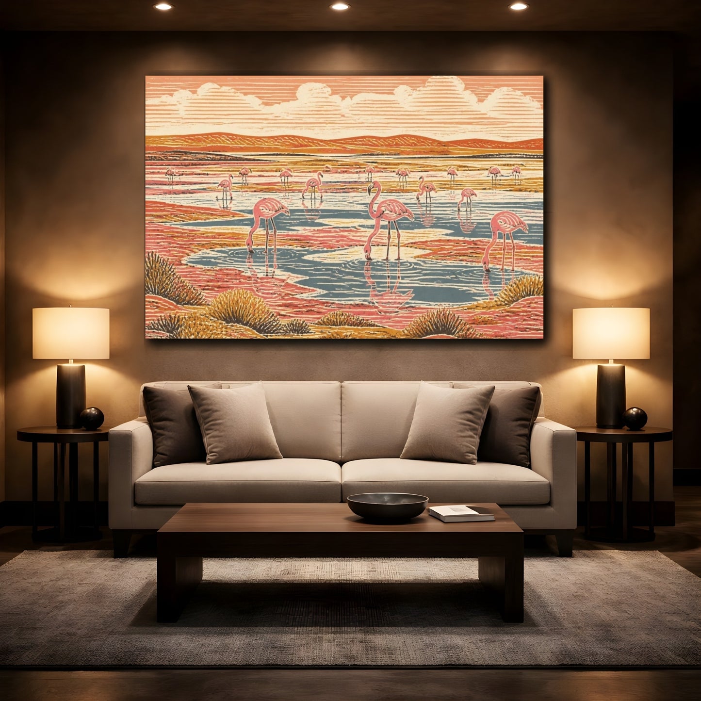 Mockup 2. Flamingo Salt Pan Landscape shown as canvas print