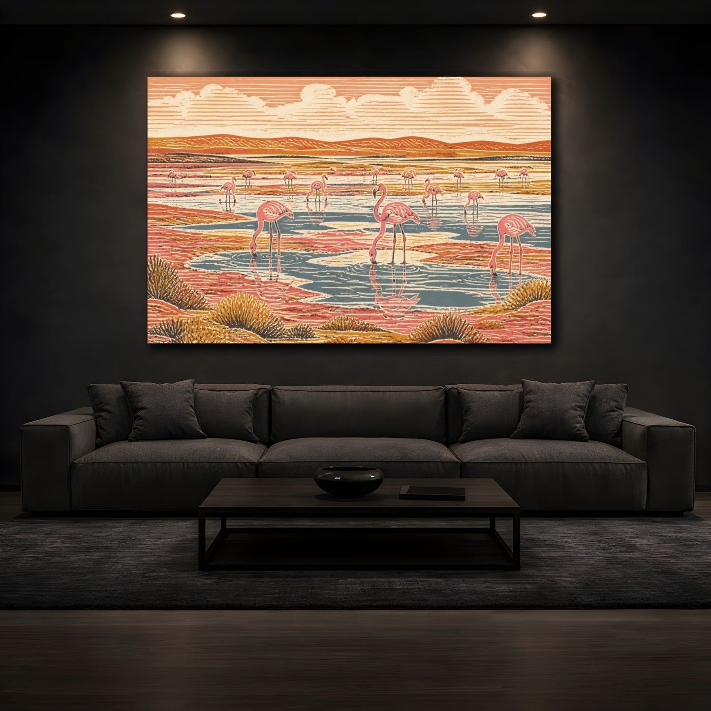 Mockup 3. Flamingo Salt Pan Landscape shown as canvas print