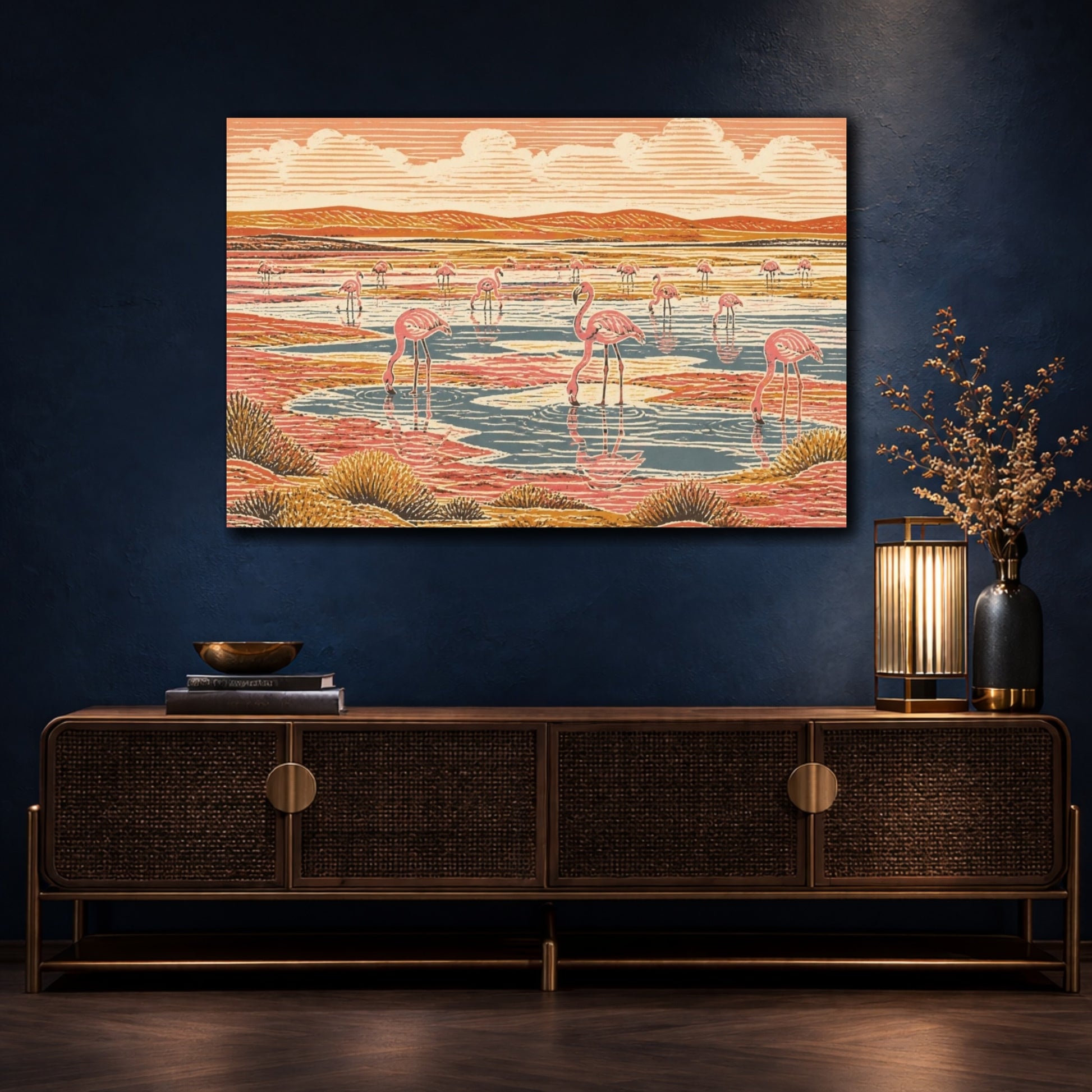 Mockup 4. Flamingo Salt Pan Landscape shown as canvas print