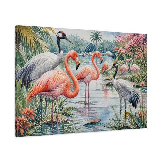 Main Mockup. Flamingos And Cranes Animals shown as canvas print