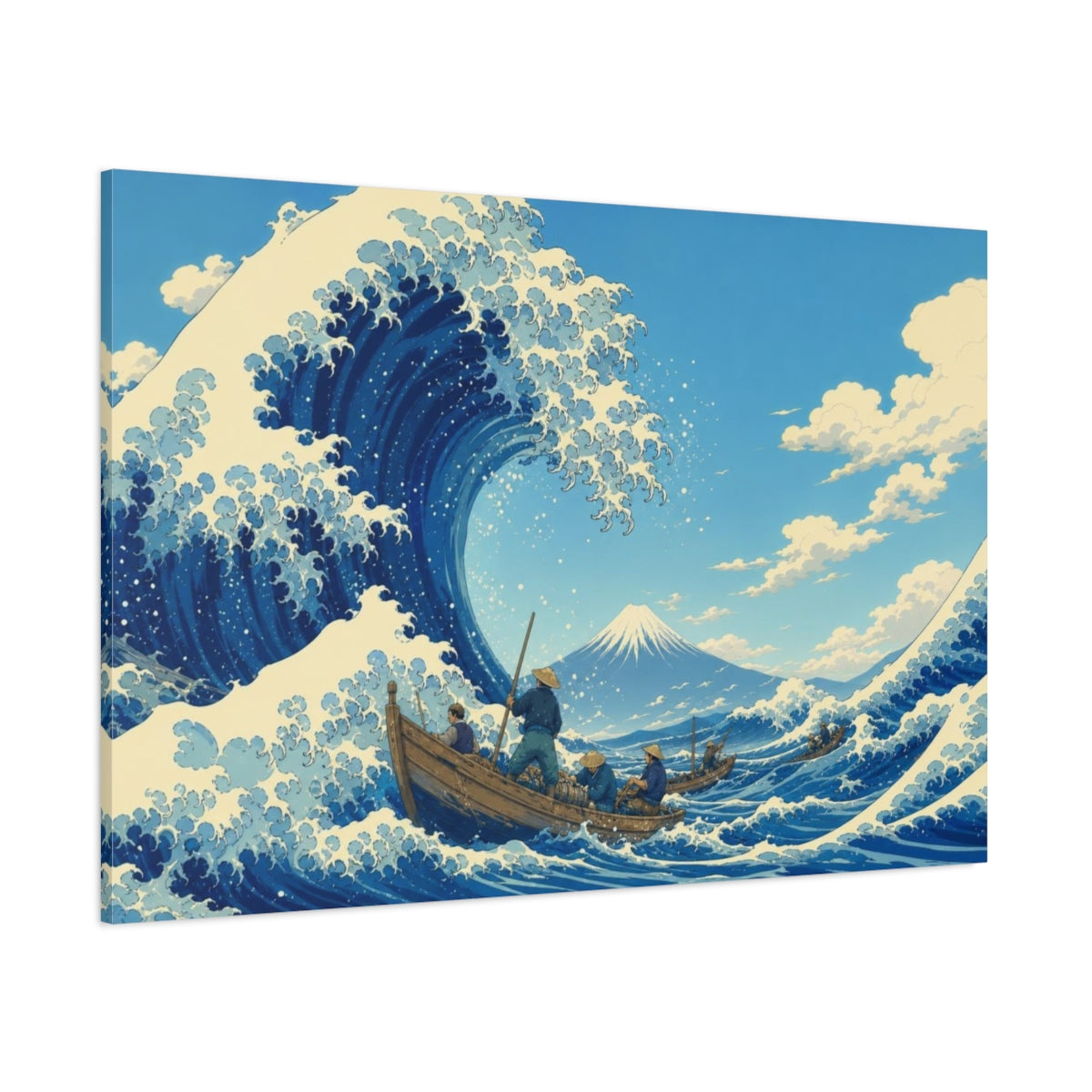 Side Mockup 1. Flat-Vector Japanese Editorial Art Towering Storm Wave Curling Around Small Fishing Boats Beneath A Clear Sky shown as canvas print