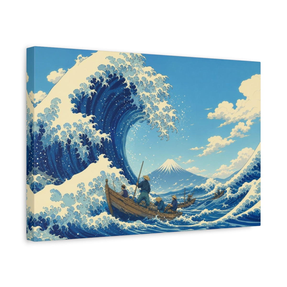 Side Mockup 4. Flat-Vector Japanese Editorial Art Towering Storm Wave Curling Around Small Fishing Boats Beneath A Clear Sky shown as canvas print