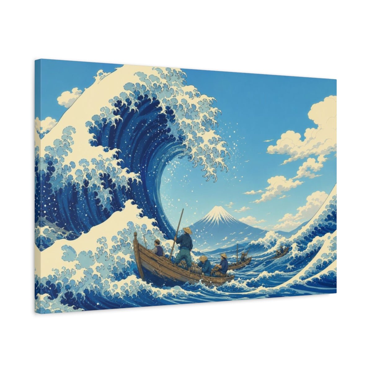 Side Mockup 2. Flat-Vector Japanese Editorial Art Towering Storm Wave Curling Around Small Fishing Boats Beneath A Clear Sky shown as canvas print